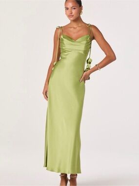 Astr Olive Green Satin Tie-Shoulder Maxi Dress